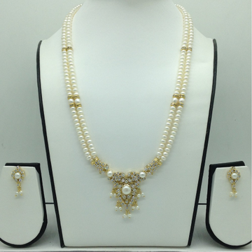 White Cz Pendent Set With 2 Line Flat Pearls Mala JPS0748