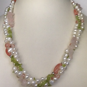 white potato pearls and rose quartz 3 layers necklace JPM0184