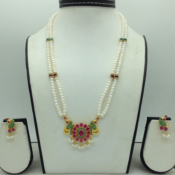 Red,Green Cz Pendent Set With 2 Line White Pearls Mala JPS0814