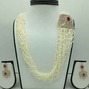 White;red cz broach set with 22 lines kc rice pearls jps0664