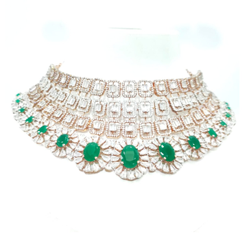 Emerald stone gold plated silver choker necklace s...