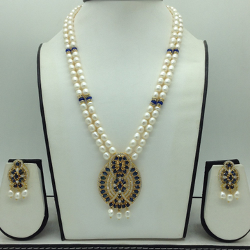 White Blue Cz Pendent Set With 2 Line White Pearls Mala JPS0859