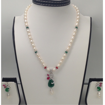 Multicolour CZ And White Pearls Pendent Set With Oval Pearls Mala JPS0056
