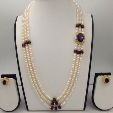 White And Purple CZ Broach Set With 3 Lines Flat Pearls Mala JPS0486