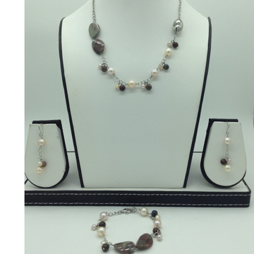 Freshwater Pink Pearls and Semi Beeds Silver Chain Set JNC0104