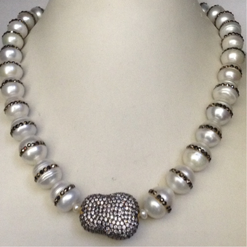 Freshwater white round jagmag pearls with cz ball necklace JPM0052