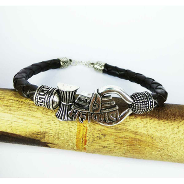 New 925 Silver Gents Black Leather Mahakal Bracele...