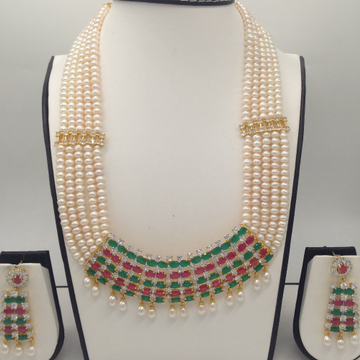 Tri Colour CZ And Pearls Pendent Haar Set With 5 Line Flat Pearls Mala JPS0355