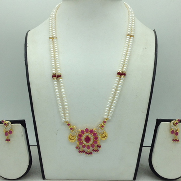 Red,White Cz Pendent Set With 2 Line White Pearls Mala JPS0815