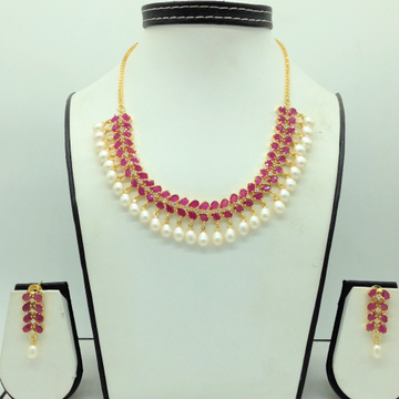 White ,red cz stones and tear drop pearls necklace set jnc0152
