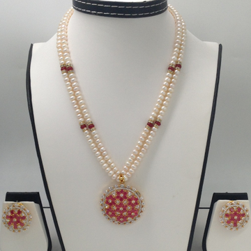 White and red cz pendent set with 2 line flat pearls mala jps0277
