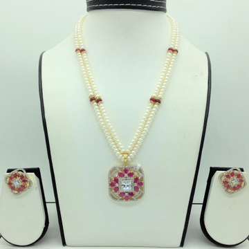 White,red cz pendent set with 2 line flat pearls jps0699