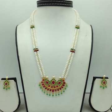 Red,Green Cz Pendent Set With 2 Line White Pearls Mala JPS0812