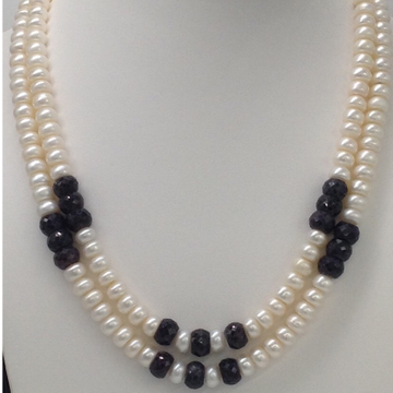Freshwater White Flat Pearls 2 Layers Necklace With Faceted Blue Sapphires Beeds JPM0198