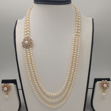 White, Red CZ And Pearls Broach Set With 2 Line Button Jali And 3 Line Flat Pearls Mala JPS0272