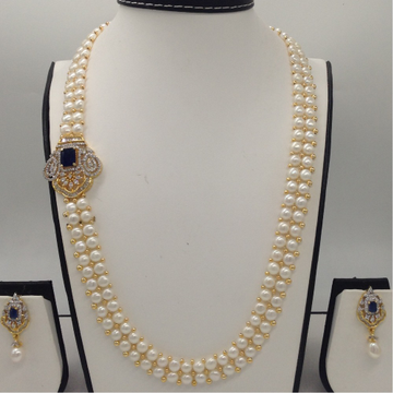 White And Blue CZ Broach Set With 2 Line Button Jali Pearls Mala JPS0368