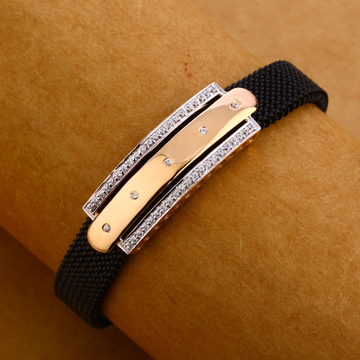 18KT Rose Gold mens Designer CZ Leather Bracelet M...