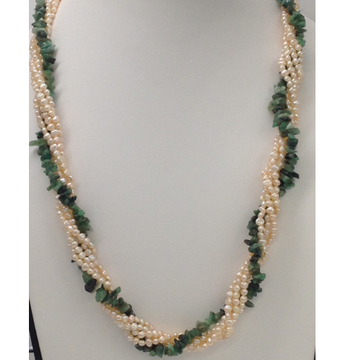 Freshwater Cream Seed Pearls 5 Layers Twisted Neckalce With Green Emeralds Chip Beeds JPM0201