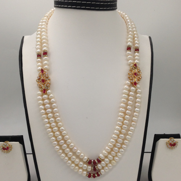 White And Red CZ Brooch Set With 3 Lines Flat Pearls Mala JPS0491