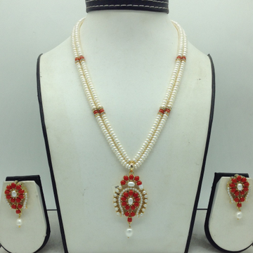 Pearl,Coral Cz Pendent Set With 2 Line White Pearls Mala JPS0848