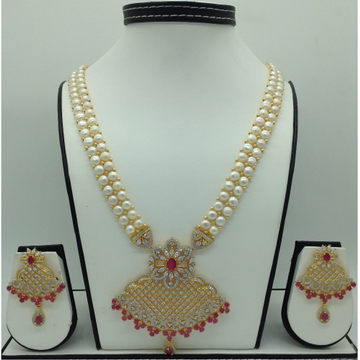 White,red cz ranihaar set with button jali pearls mala jps0590