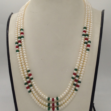 white flat pearls necklace with red,green semi beeds jpm0340