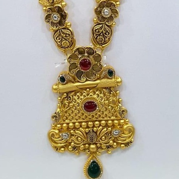 22k gold rava design long necklace set by Panna Jewellers