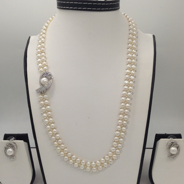 White CZ And Pearls Broach Set With 2 Line Button Jali Pearls Mala JPS0186