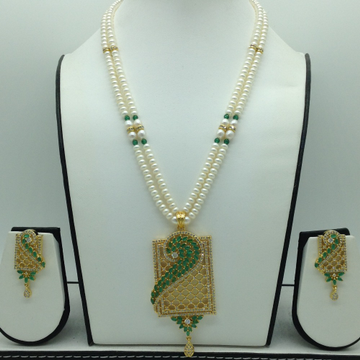 White,Green CZ Pendent Set With 2 Line Flat Pearls Mala JPS0752