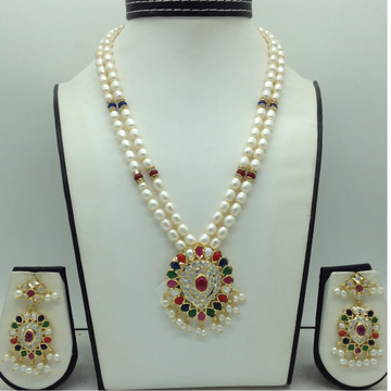 White Cz Navratan Pendent Set With 2 Line Pearls Mala JPS0857
