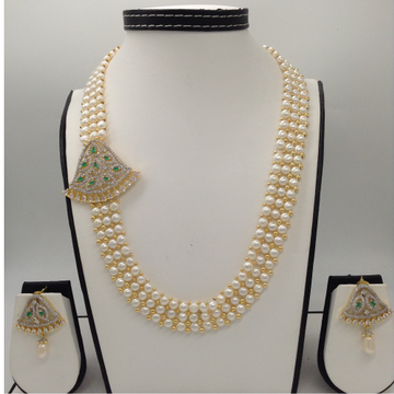 White And Green CZ Broach Set With 3 Line Button Jali Pearls Mala JPS0193