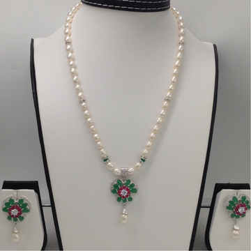 Tri colour cz pendent set with oval pearls mala jps0090