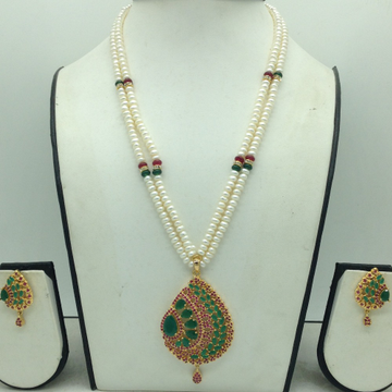 Green,Red Cz Pendent Set With 2 Line White Pearls Mala JPS0846