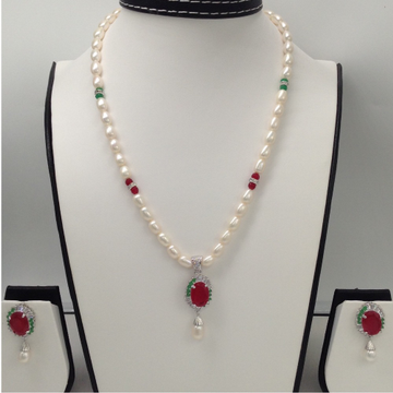 Tri colour cz pendent set with oval pearls mala jps0068