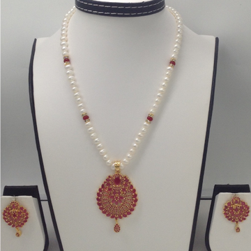 Red cz pendent set with potato pearls mala jps0109