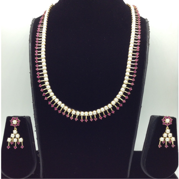 Red CZ and White Pearls Long Necklace Set JNC0230
