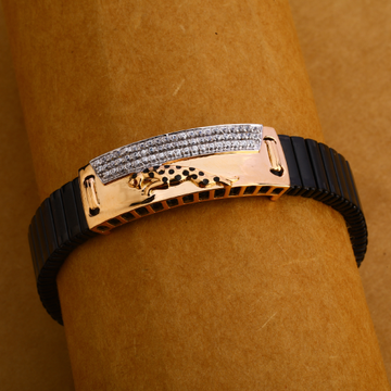 18KT Rose Gold CZ Mens Gorgeous Leather Bracelet M...