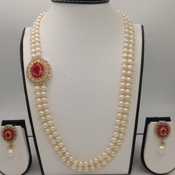 White And Red CZ Broach Set With 2 Line Button Jali Pearls Mala JPS0217