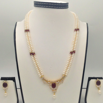 White cz;red semi pendent set with 2 line flat pearls jps0310