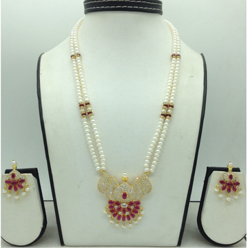 Red,White Cz Pendent Set With 2 Line White Pearls Mala JPS0813