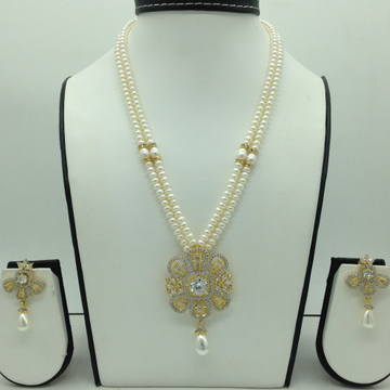 White CZ Pendent Set With 2 Line Flat Pearls Mala JPS0639