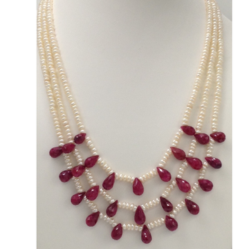 Freshwater White Flat Pearls 3 Layers Necklace With Faceted Red Ruby Drops JPM0200