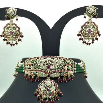 Navratna Amritsar Choker Set With 4 Line Flat Pearls Mala JPS0563