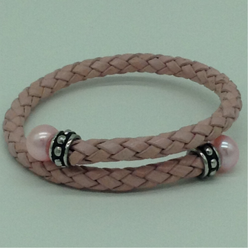 Pink Button Pearls Leather Stiff Bracelet JBG0178