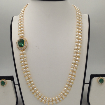 White And Green CZ Broach Set With 2 Line Button Jali Pearls Mala JPS0361