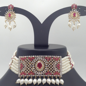 Red, White CZ And Pearls Choker Set With 6 Line Flat Pearls Mala JPS0543