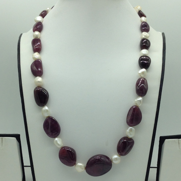 White Pearls with Red Ruby Oval Beeds 1 Layers Mala JPM0493