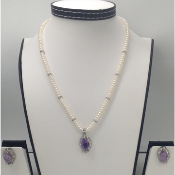 White;purple CZ pendent set with flat pearls mala jps0114
