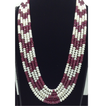 White Flat Pearls with Red Beeds 5 Layers Mala JPM0523
