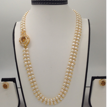 White And Golden CZ Broach Set With 2 Line Button Jali Pearls Mala JPS0183